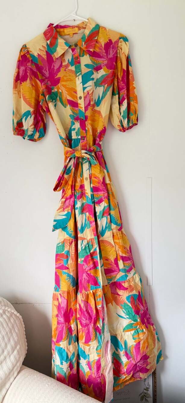 Flying Tomato Tropical Floral Print Button Front Tiered Maxi Dress